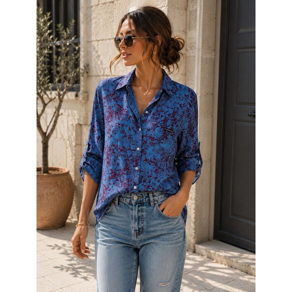 Calvin Klein Jeans Tencel Button Up Shirt Blue Burgundy Snake Print S Soft